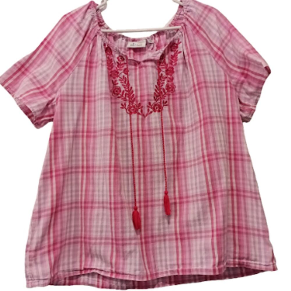 Denim & Co Embroidered Plaid Top with Tie Strings Size 1X